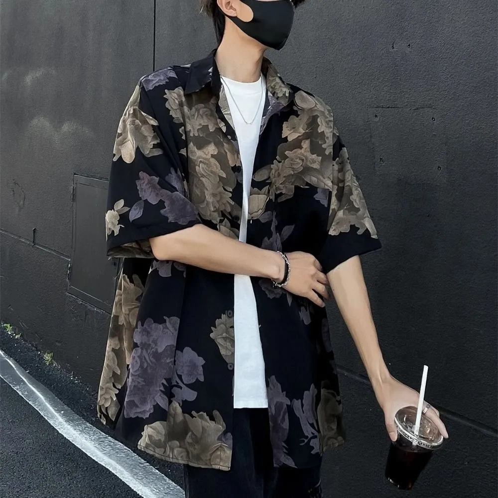 Свободные пляжные рубашки в корейском стиле, мужские рубашки с v-образным вырезом и лацканами, женская блузка с цветочным принтом Y2K, уличная одежда, летние рубашки с короткими рукавами