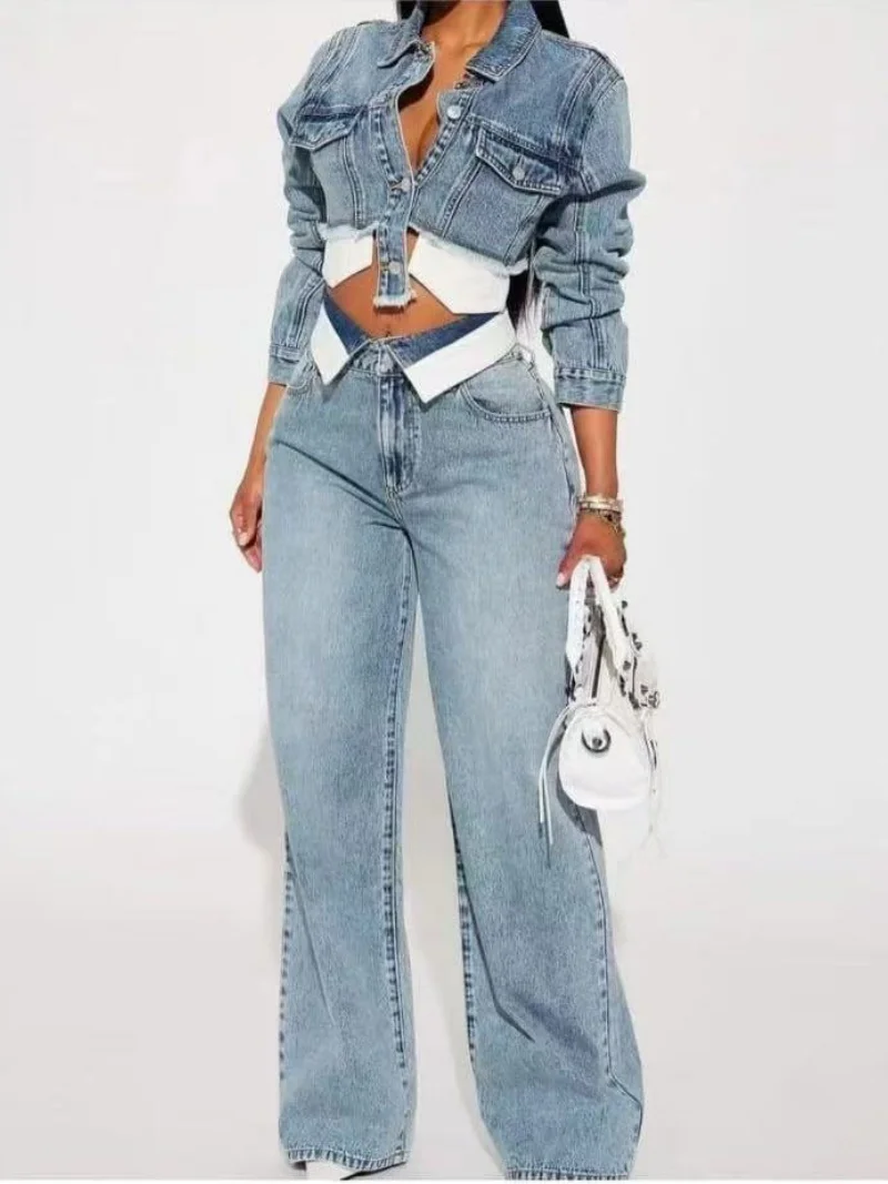 

Streetwear Denim 2 Piece Sets Women Outfit Autumn Clothes Women Long Sleeve Jean Short Jacket Straight Jeans Pant Sets Tracksuit