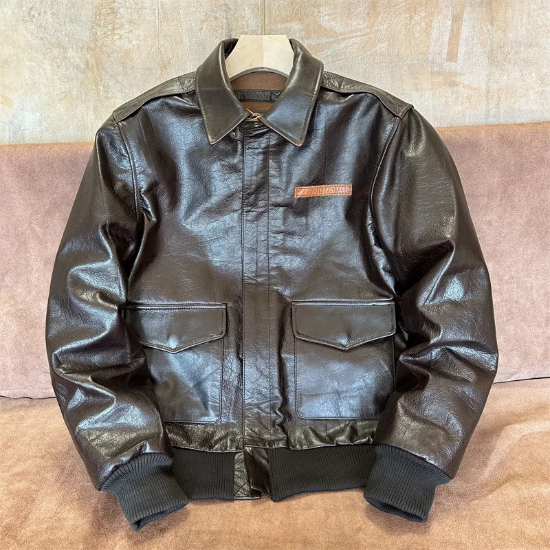 

A2 Flight Jaet Men's ort Leather Coat Turn-down Collar Oil-waxed Cowhide Vintage Japanese Sle Youth Casual Faion