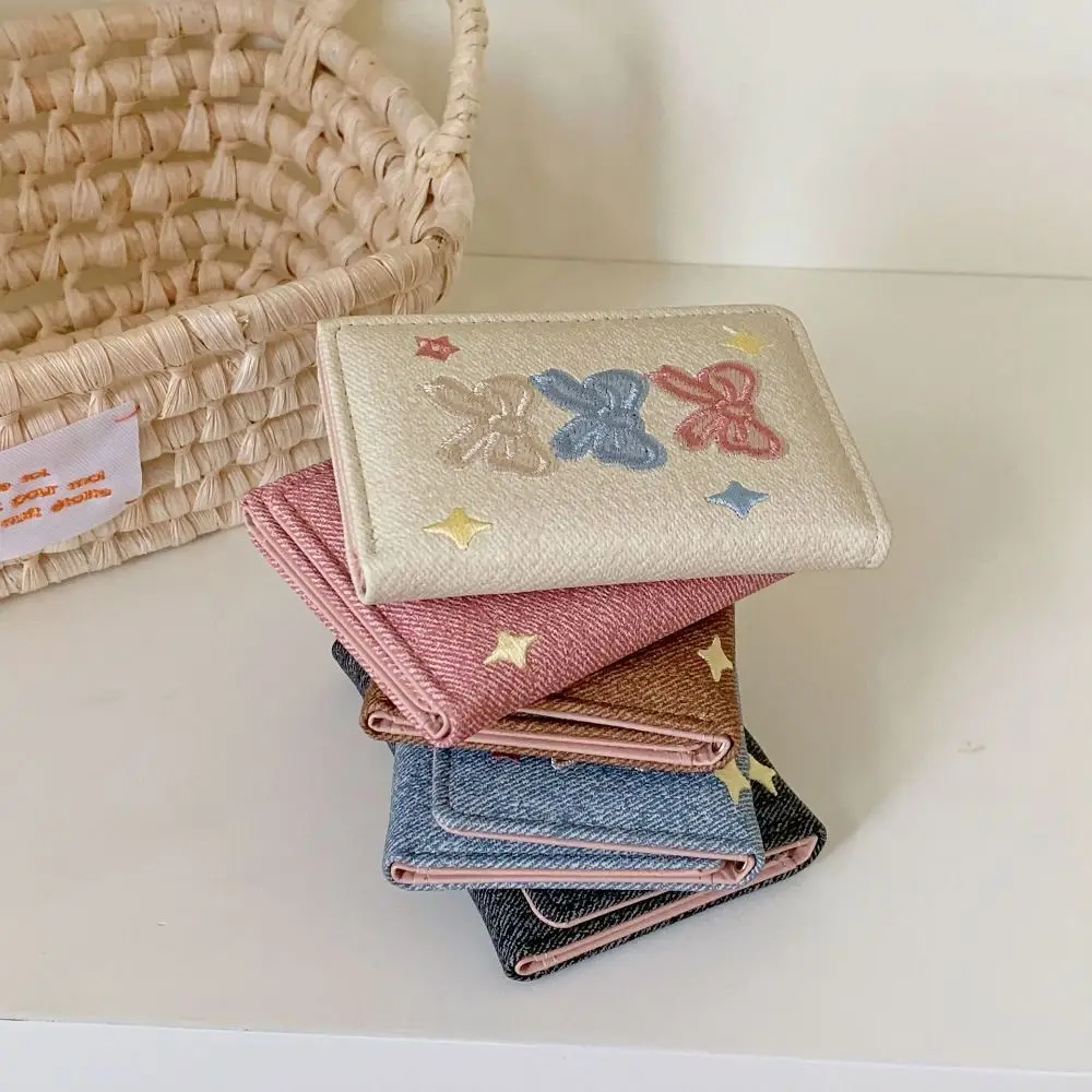Coin Pouch Portable Embroidered Bow Wallet Embroidery Cute Leather Card Holder Multiple Card PU Leather Short Purse Work