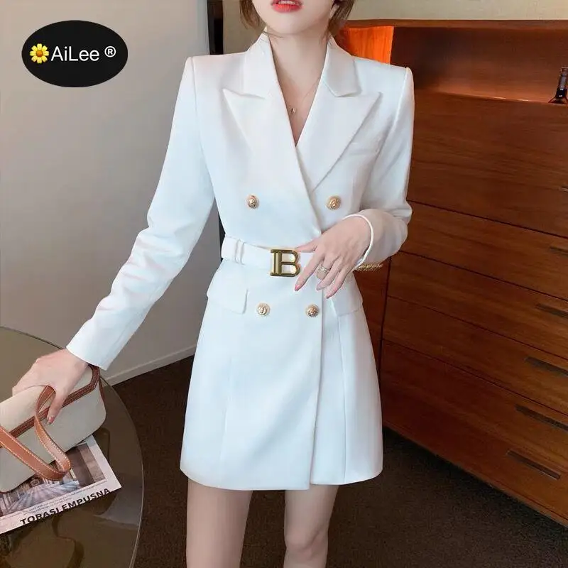 S-5XL Fashion Women Long Blazer con cintura Chic Popular Quality Femmale Bodycon Coat Double Breasted High Street Trench Dress