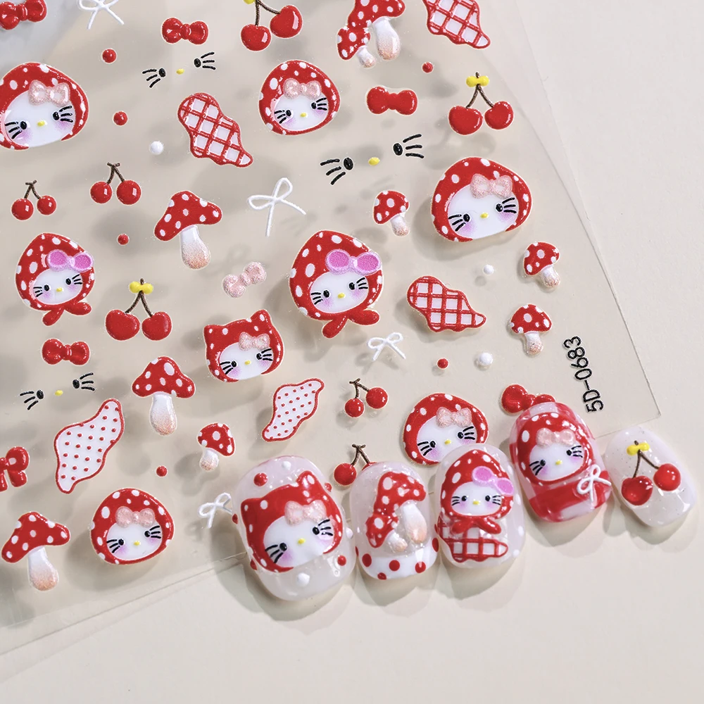 5D Cute Green Apple Hat Hello Kitty Nail Sticker Fruits Hooded KT Kitten Nail Decals Slider Cartoon DIY Crafts Manicure Decorati