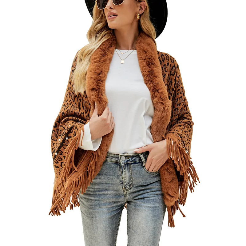 

Women Leopard Faux Fur Collar Shawls Wraps Vintage Oversized Ladies Ponchos Capes Tassels Coat Loose Cardigan Winter Cloak