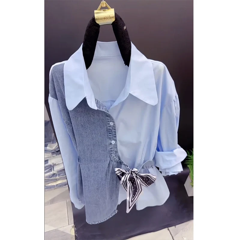 

Design Sensation Denim Patchwork Shirt Women's Long Sleeve Commute Slimming Waist Cinched Top Elegant Style Business Casual