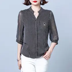 Camisas listradas em chiffon para mulheres, pulôver solto, blusa vintage, tops casuais, branco e preto básicos, moda senhora do escritório, manga 3/4, verão