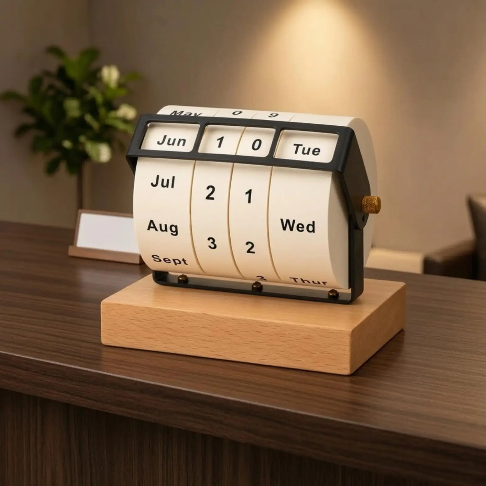 Solid Wood Rotating Calendar Tabletop Perpetual Calendar with Knob for Desktop 202