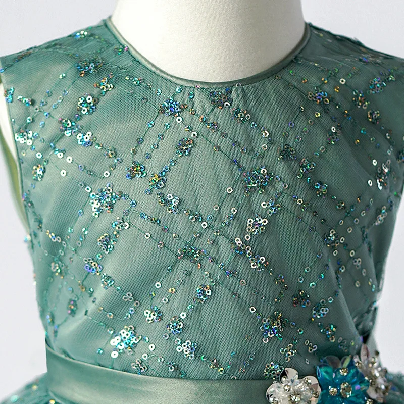 3 4 To 7 8 10 Years Little Girl Clothes Summer Princess Dresses Glowing Luxury Party Holiday Children\'s Green Sleeveless Dress
