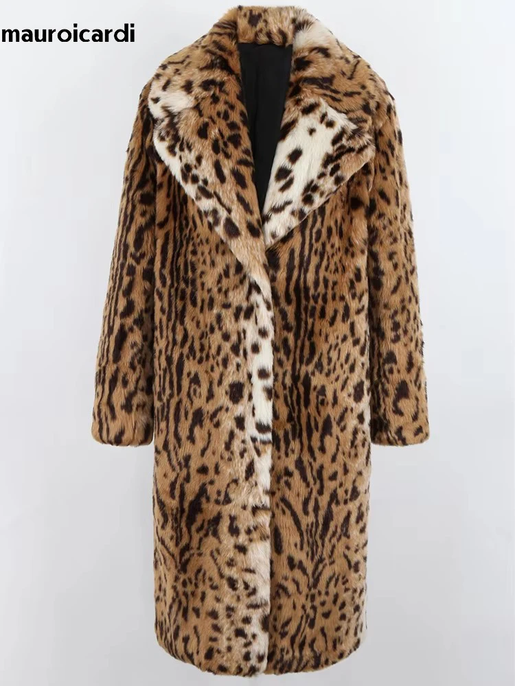 Mauroicardi Winter Long Thick Warm Fluffy Colorful Leopard Print Faux Fur Coat Women High Quality Loose Stylish Furry Overcoat