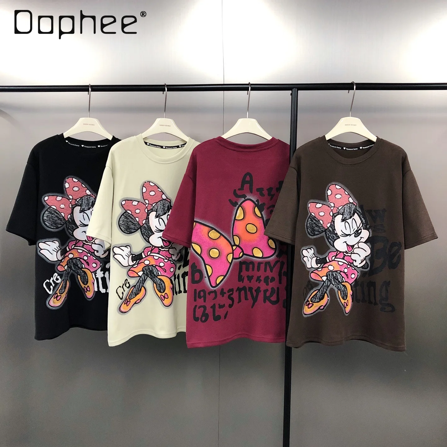 

Trendy Tee High Street Loose Fashion Heavy Craft Cartoon Print Mid-Length Brushed Short Sleeve T-Shirt Round Neck Tops