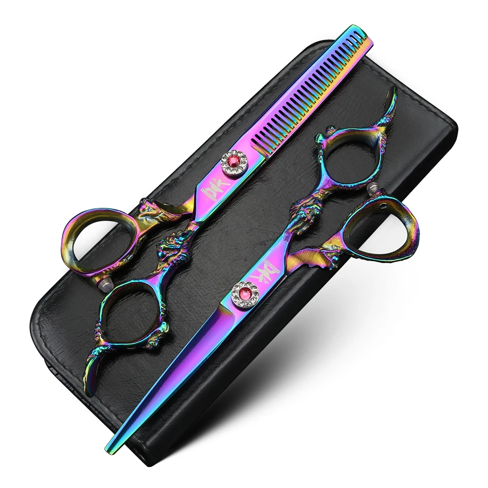 Purple Double Dragon Handle Hair Scissors Barber Cutting Scissors and Thinning Scissors Japanese Scissors