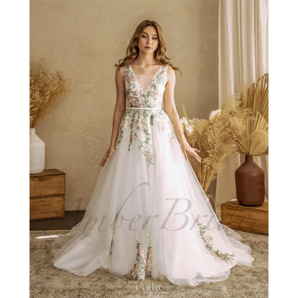 Cathy Formal A-line Floral Lace فساتين سهرة Sleeveless Floor-Length vestidos de noiva Wedding Party vestidos de novia boda 2024