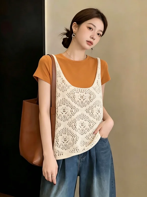 Bohemian Style Hollow out Strap Vest Top Orange Pumpkin Two Piece Set Summer 2026 plus Size Women's Fashion Commute Wind