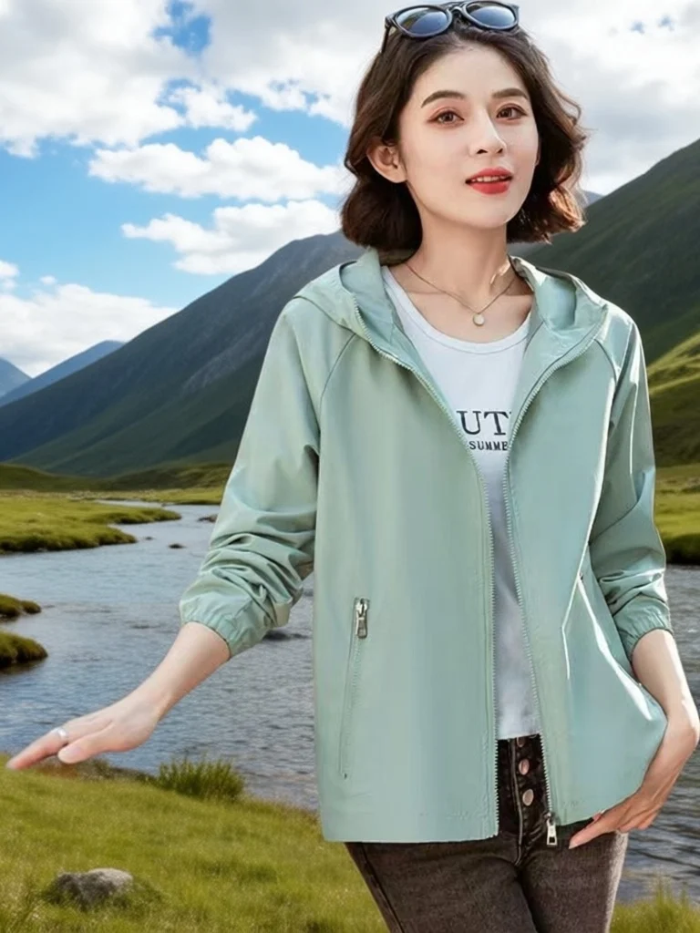 Women's Short Hooded Jacket Spring Autumn Fashionable Casual Loose Windproof Two-Layer Waterproof Windproof Zipper Pocket