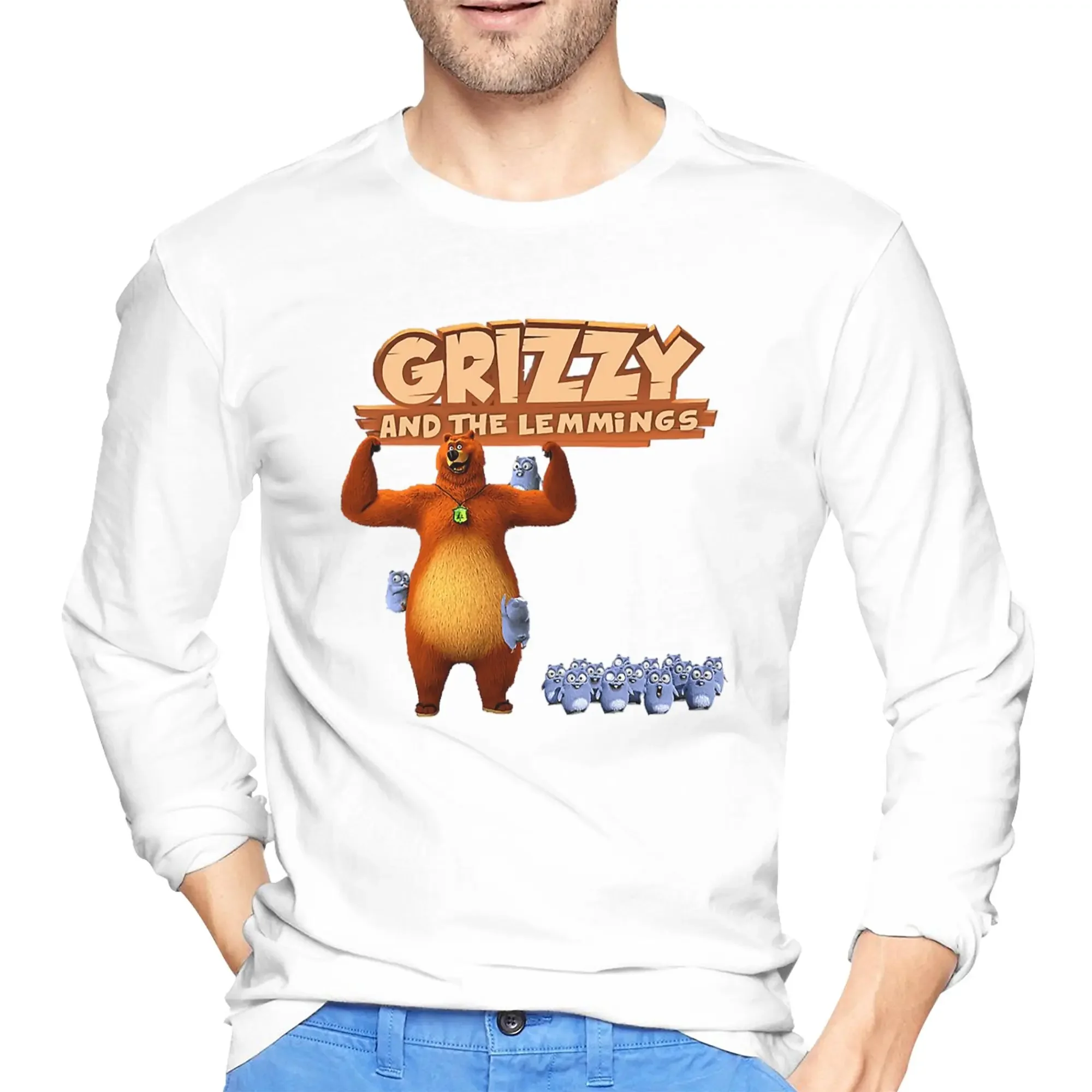 

Grizzy And Lemmings Men's Long Sleeved T-shirt Breathable Round Neck T shirts Spring and Autumn Men tops