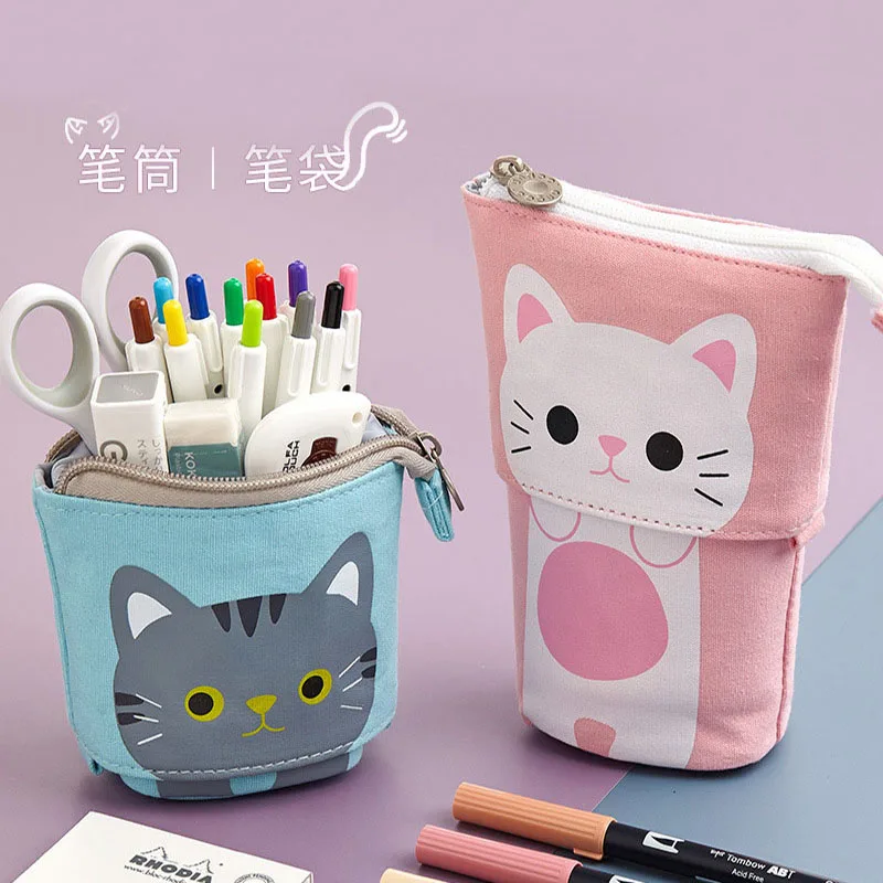 Cute And Simple Cat Design Retractable Pen Holder Bag Canvas Variable Large Capacity Pen Box School Stationery Children's Gift
