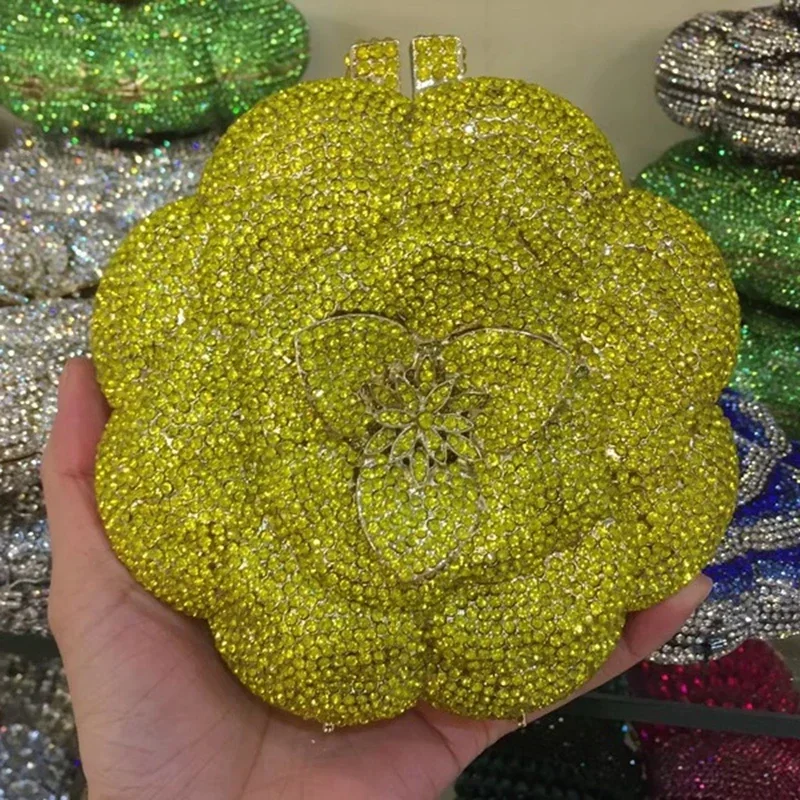 Pochette da donna con strass verde girasole/oro Borse da sera in cristallo giallo floreale Pochette da sposa per festa di nozze e borsette