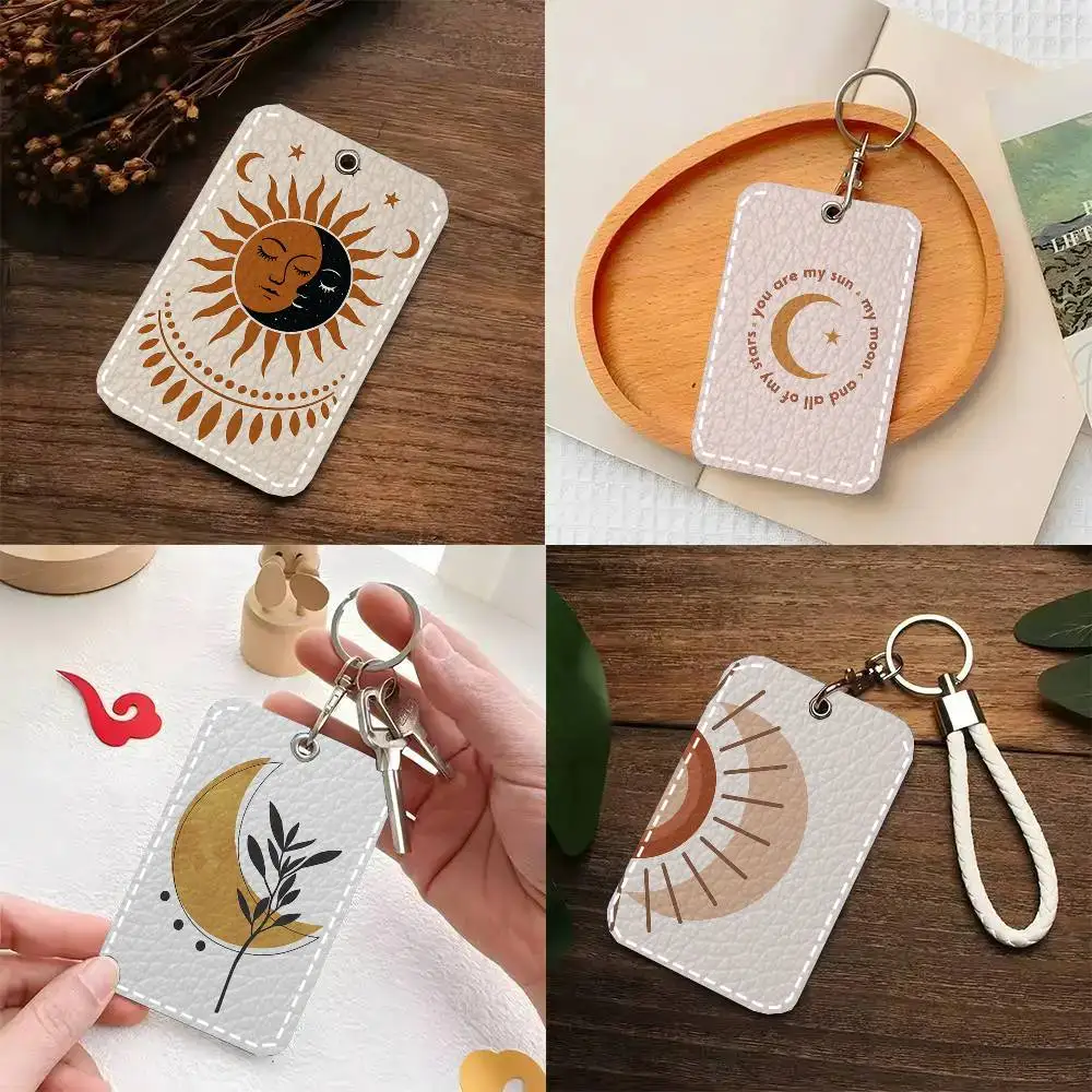 Bohemian Sun Moon Animal Cartoon Card Case Keychain Access Card Bag Key Tag Ring Leather Card Holder Key Ring Access