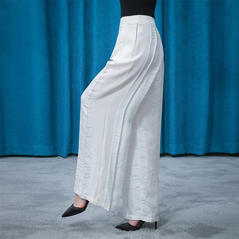 

Silk Jacquard Crescent White Natural Waist Pants Women KE508 Pleating Invisible Side Pull Refreshing Wide Leg Trousers