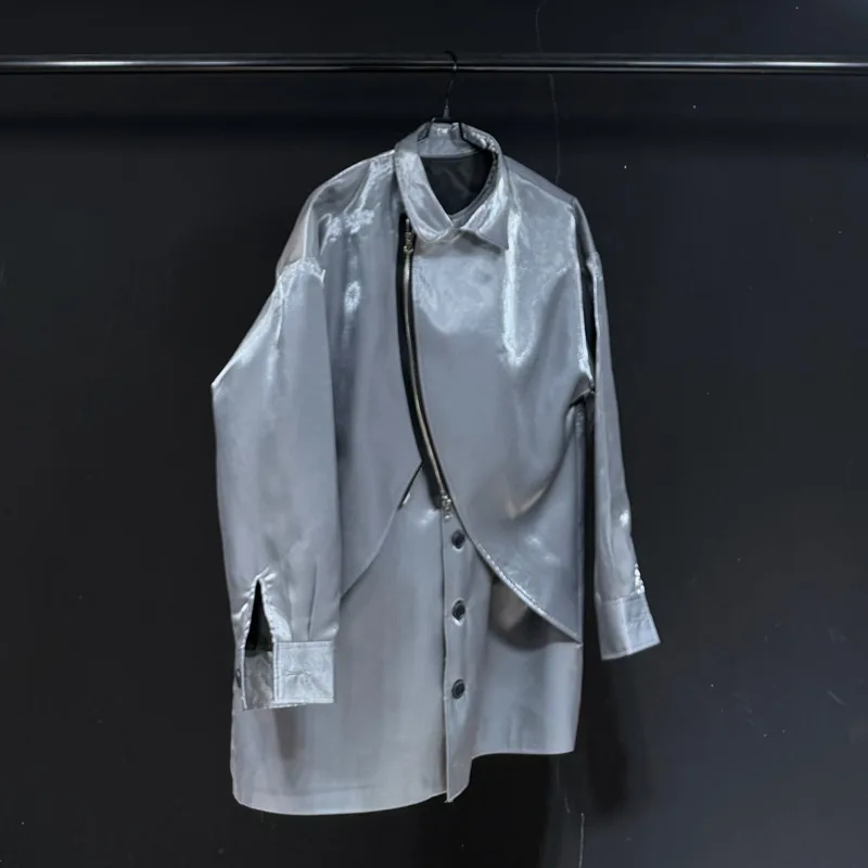 WVGA Autumn Winter New Men Asymmetrical Zipper Trendy Long Sleeved Shirt Niche Chic Casual Faux Two-piece Design Tops Ins W28749