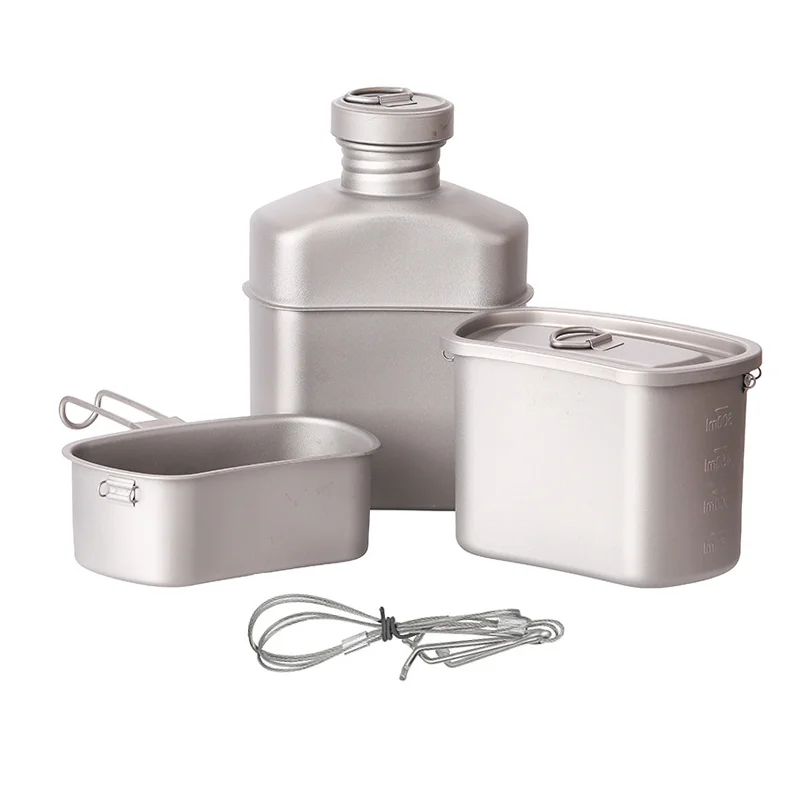 

Portable Outdoor Camping Titanium Canteen Cups Set Water Bottle Bowl Kettle Cooking Mess Kit