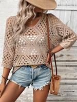 Women's hollow knitted sweater versatile sweater loose casual 3/4 sleeve hollow fashionable elegant large perforated top