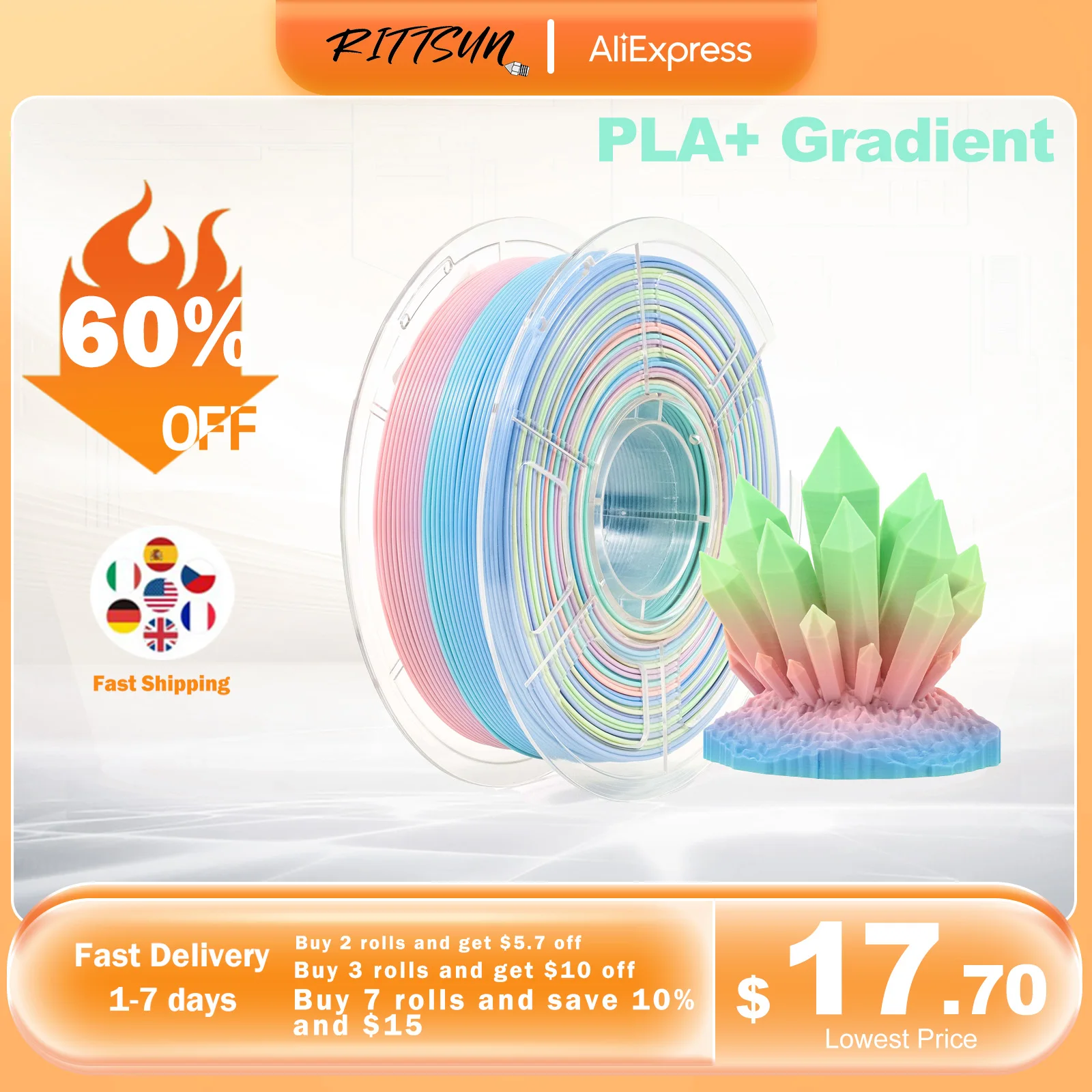 RITTSUN PLA+ Gradient New Arrival 3D Printer Filament 1KG 1.75mm ±0.03 Diameter High Quality FDM Printing Filament Fast Shipping