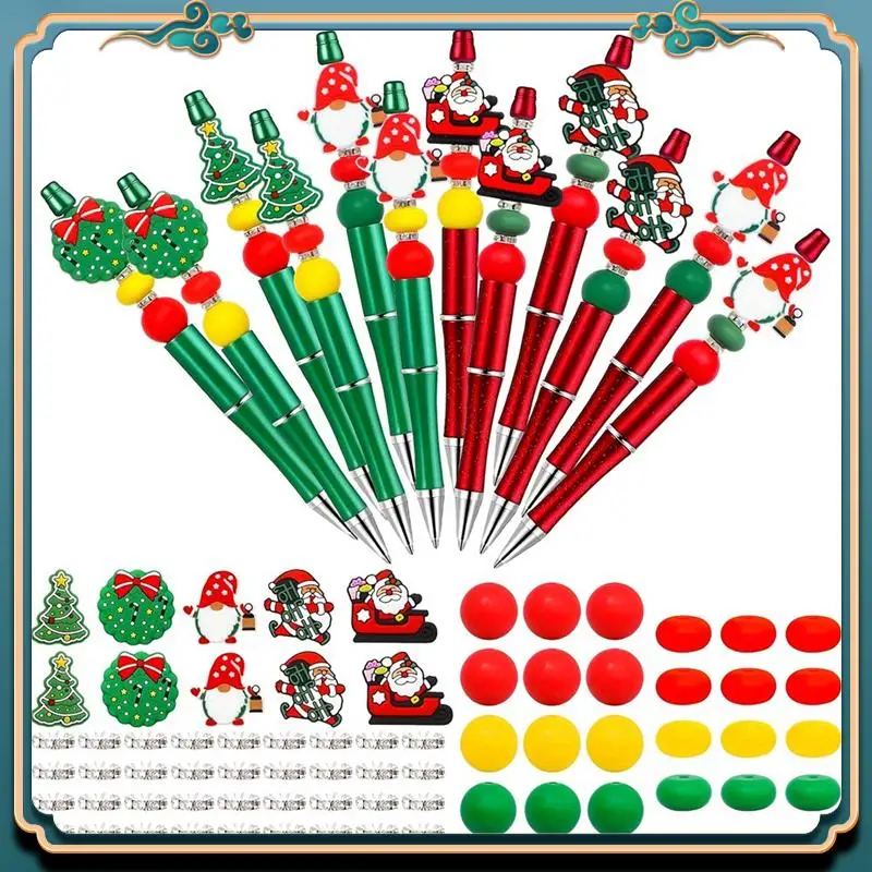 (신규)-크리스마스 구슬 펜, 크리스마스 학교 사무용품을 위한 12개 산타 모양 실리콘 스페이서가 있는 구슬 펜