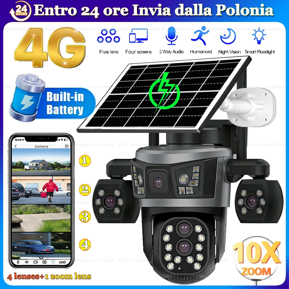 Telecamere Solari 4G con 5 Lenti, 4 Schermi, Scheda SIM Inclusa, 100M di Dati, IP CCTV Wireless, Protezione di Sicurezza per Casa Intelligente, Rilevamento Umano AOV, Tracciamento Automatico,