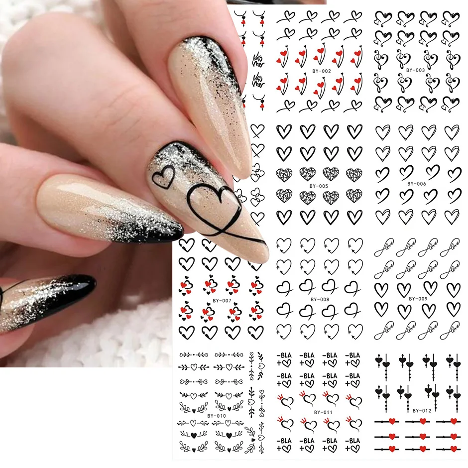 12pcs Valentines\'s Day Sticker Water Decals Nail Design Black Heart Dog Snake Rose Romanic Slider Watermark Tattoo Manicure JIBN