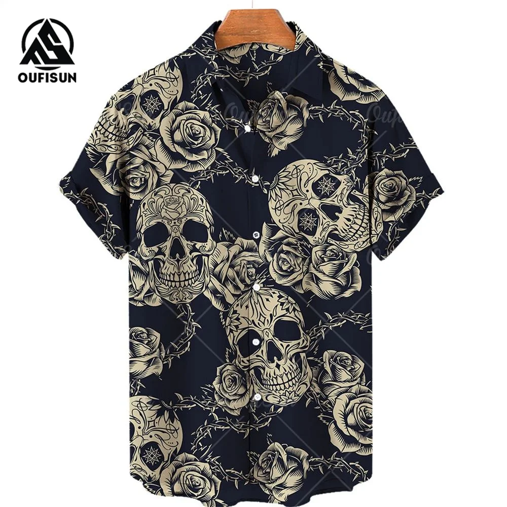 Summer Fashion Men\'s Short Sleeve Casual Printed Shirt Flowers Horror Skull Print Vacation Travel Oversized Top Size S-5XL