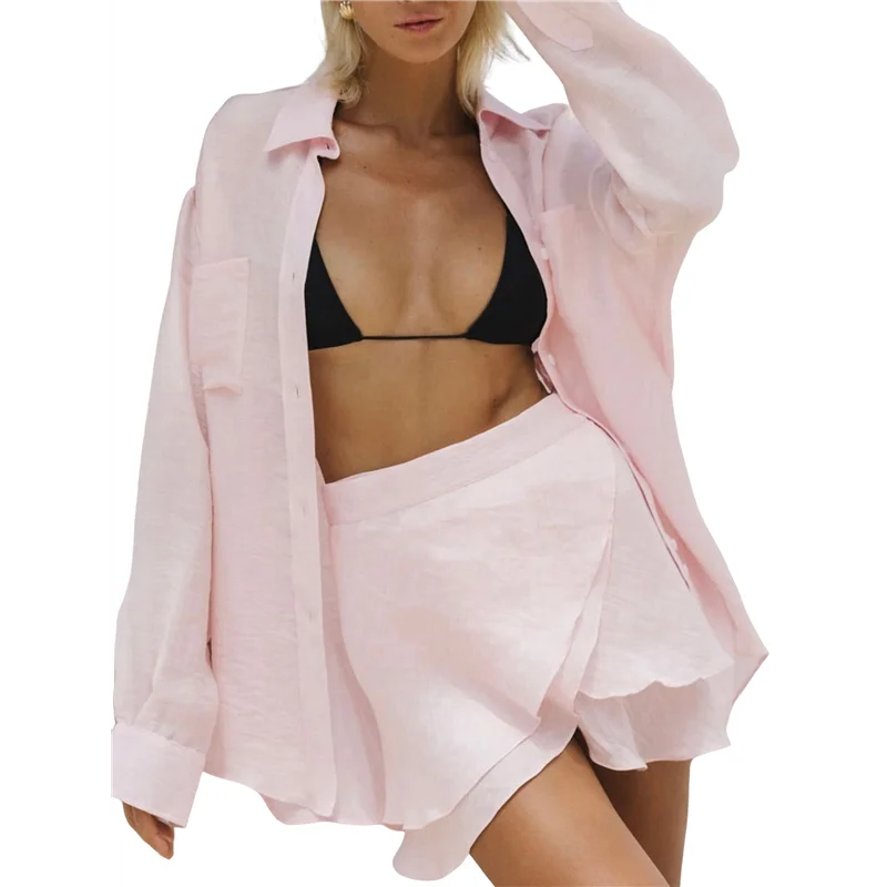 CYL-2피스 여름 의상 버튼다운 셔츠 탑과 스커트 캐주얼 라운지 세트