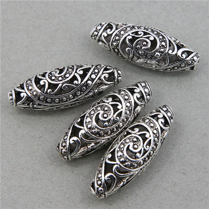 2pcs  Beads Zinc metal alloy Spacer Beads Oval silver color Flower Hollow Pattern About 37*13mm,Hole:Approx 1.9mm,