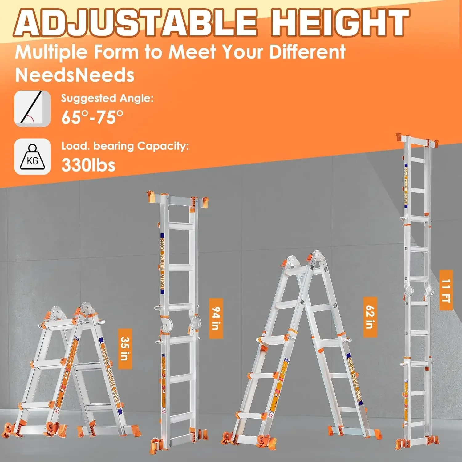 A Frame 5 Step Ladder, 17FT Extension Ladder with Stabilizer Bar & Wheels,330 lbs Security Load Multi Position Ladder for Stairs