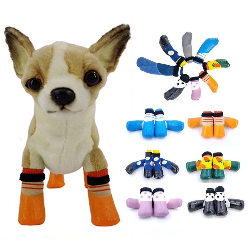 4Pcs/set Dog Rain Snow Boots Rubber Cotton Socks Pet Dog Shoes Warm Socks Waterproof Non-slip Footwear For Puppy Small Cats Dogs