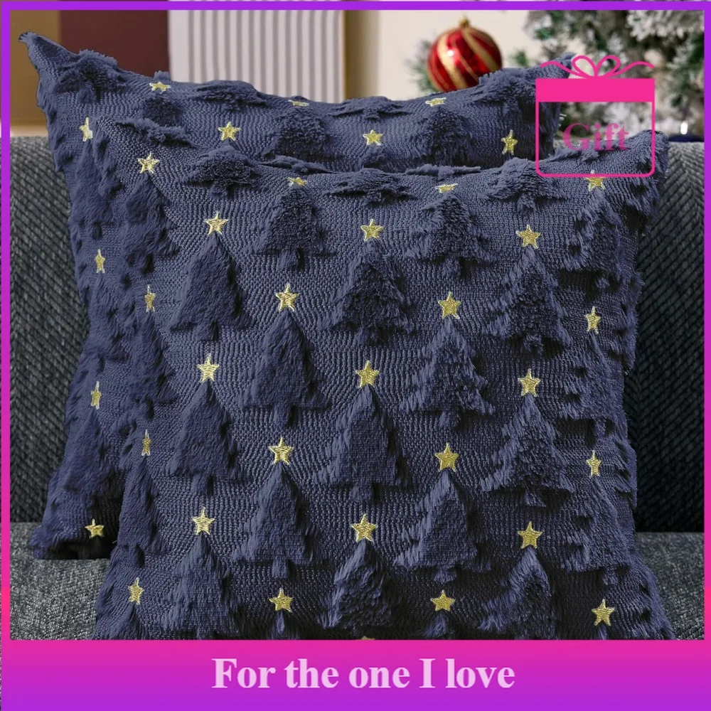 

Pillow Covers 18x18 Inch Set of 2 Navy Blue Tree Pillow Covers Decorations Plush Faux Fur Soft Cushion