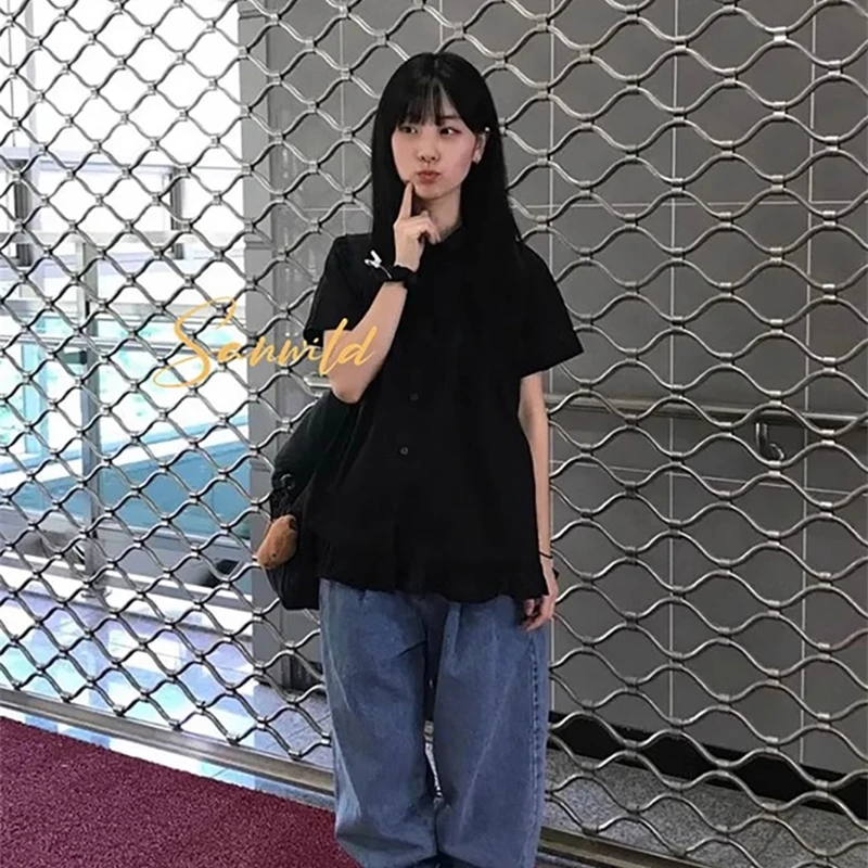 Chic Loose Casual Ort Sve Doll Collar Oxygen Feeling Summer Shirt Girl Sle Top Korean Version Comfortable Breathable Blouse
