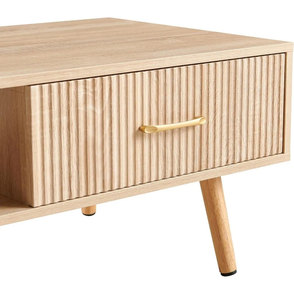 Mid Century Wooden Coffee Table with Stripe Drawer，Modern 41" Large Center Table with Storage，Rectangular Light Wood Coffee Tabl