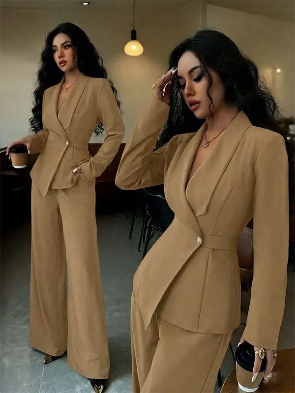 Damen-Wickelblazer-Anzug, zweiteiliges Set, mit Gürtel, V-Ausschnitt, langärmelige Jacke, Hose mit weitem Bein, schmal geschnitten, elegant, formell, für Büro und Partys. – Detail 13