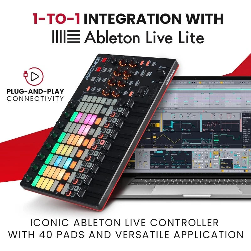 APC40 MKII - USB MIDI controller for 1:1 mapping with Ableton Live Lite, with 5x8 clip launch matrix, knobs and faders