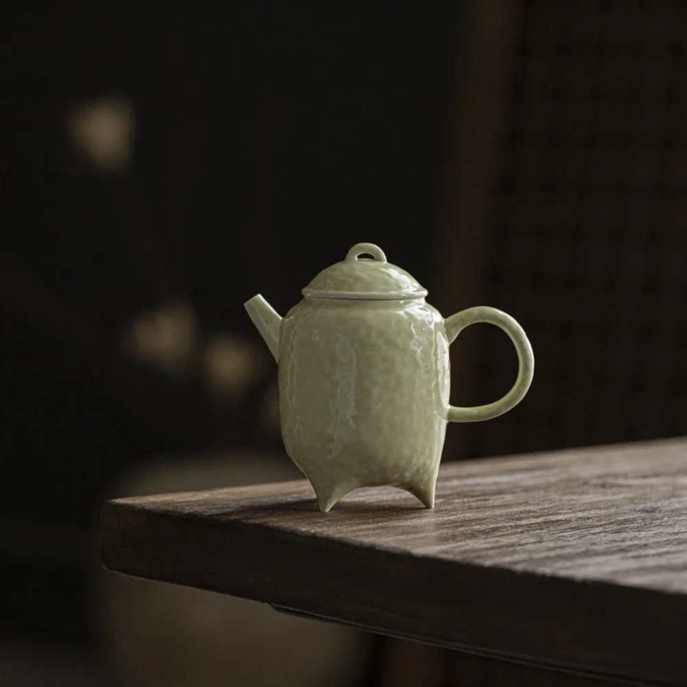 150ML Imitation Song Dynasty Three-legged Teapot Green Glaze Hammer Pattern Hand-held Pot Ball Hole Filter Bubble Kung Fu Teapot