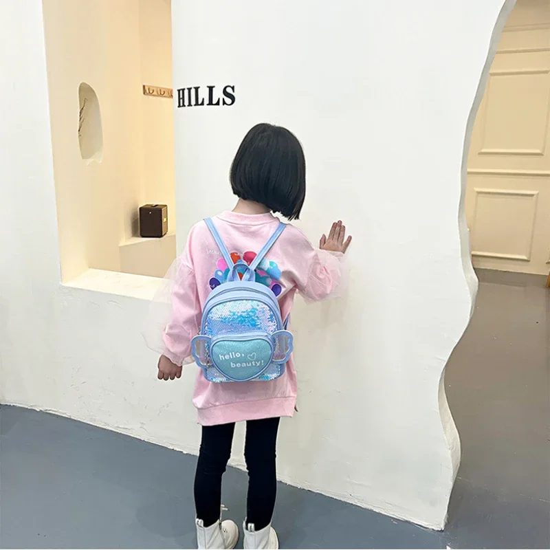 Mochila infantil com lantejoulas de amor infantil, mochila escolar infantil para meninas, mochila casual de viagem princesa