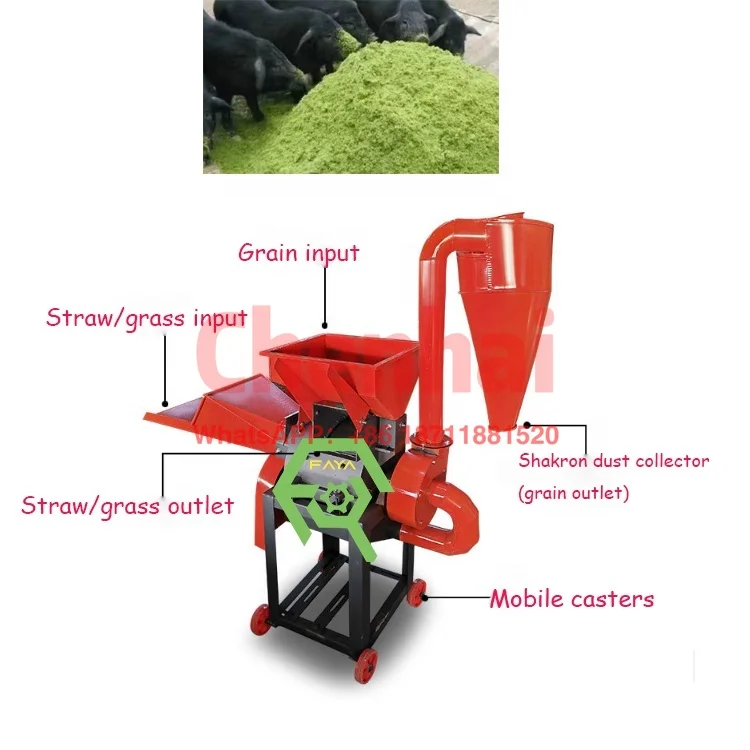 Hay/Wet Grass Hammer mill Straw grain crusher Hay Fodder Forage Chaff Cutter with dust collector