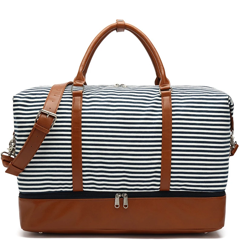 

Stylish striped travel waterproof canvas carry-on luggage PU duffel bag containing sports bag dry and wet separate bag