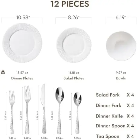 

KINGSTONE 12-Pc Bone China Dinnerware + 20-Pc Flatware Set, White, Microwave & Dishwasher Safe, for 4