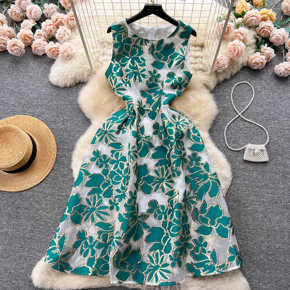 

Dresses For Women 2023 Summer Clothes Sleeveless Round Neck Knee Length Midi Dress Party Elegant Vintage Flower Jacquard Dress