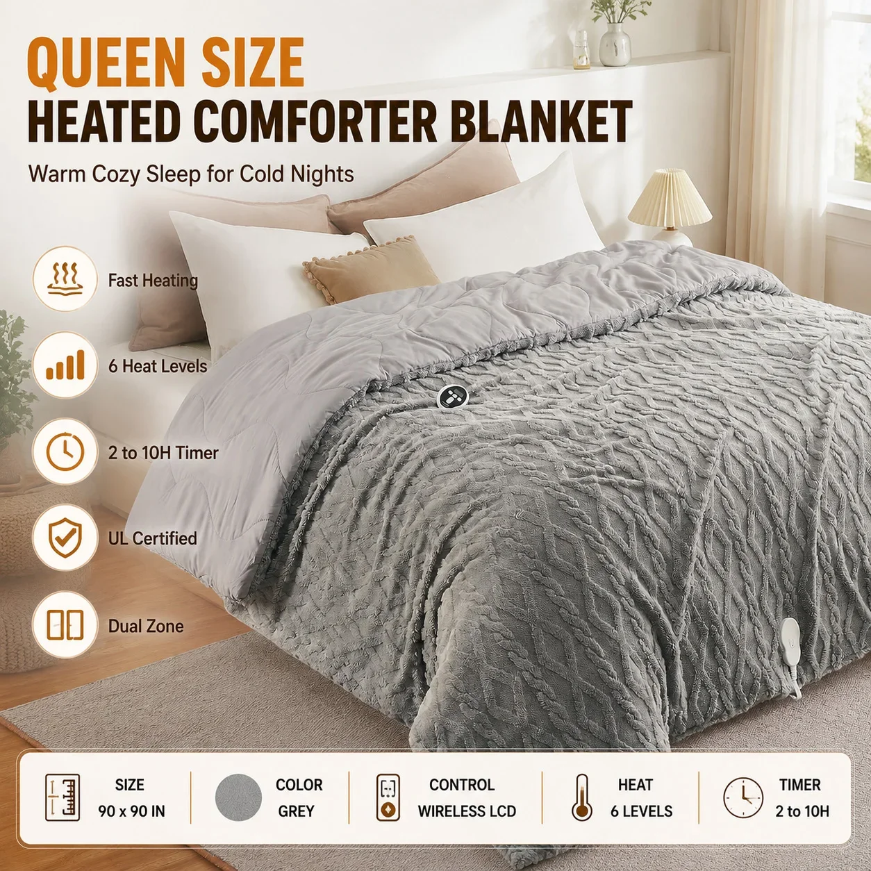 Heated Comforter Blanket Queen Size 90 X 90 Inch Electric Quilt with Wireless LCD Controller 6 Heat Levels 2 10H Timer Settings Dual Zone Fast Heating Down Alternative Filled Warm Bed Blanket for Winter UL Certified