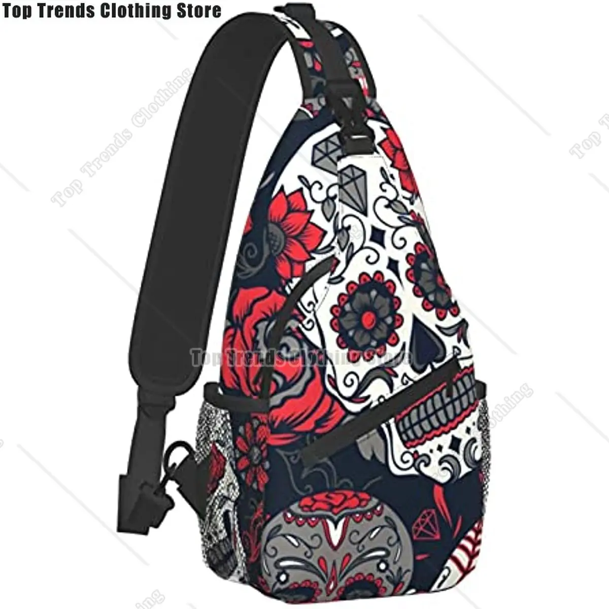 Day Dead Colorful Sugar Skull Floral Sling Backpack Chest Bag Waterproof Crossbody Shoulder Bag, Lightweight Hiking Daypack