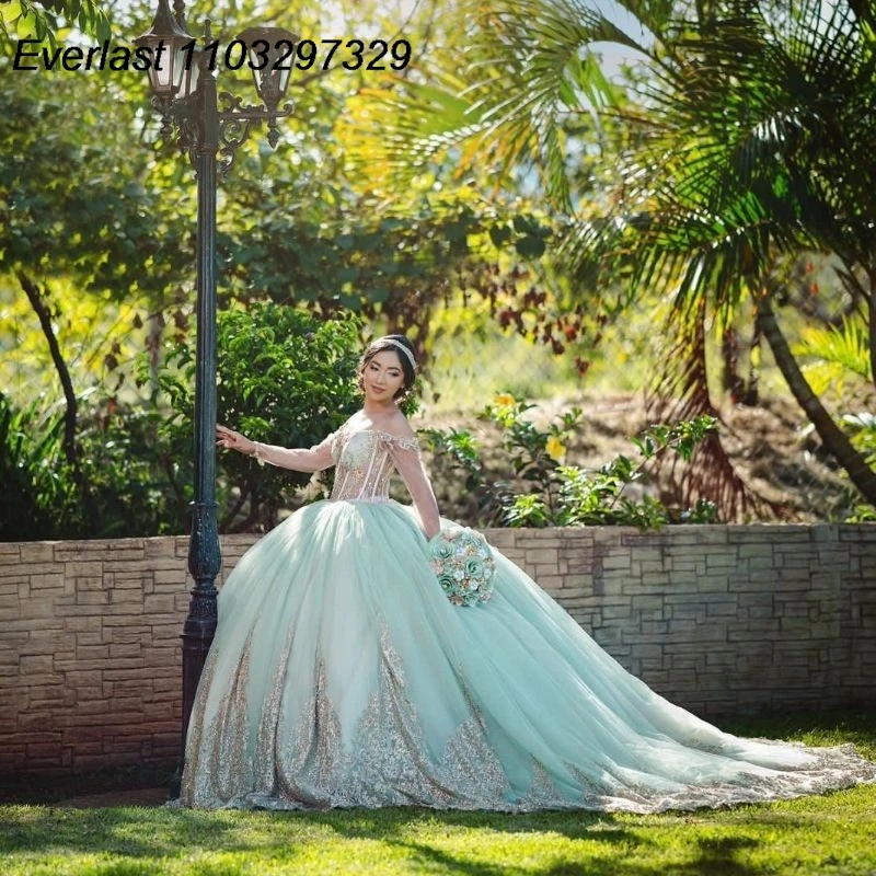 EVLAST Glitter Mint Quinceanera Dress Ball Gown Gold Lace Applique Beaded Crystal con Cape Sweet 16 Vestidos De 15 Anos TQD741