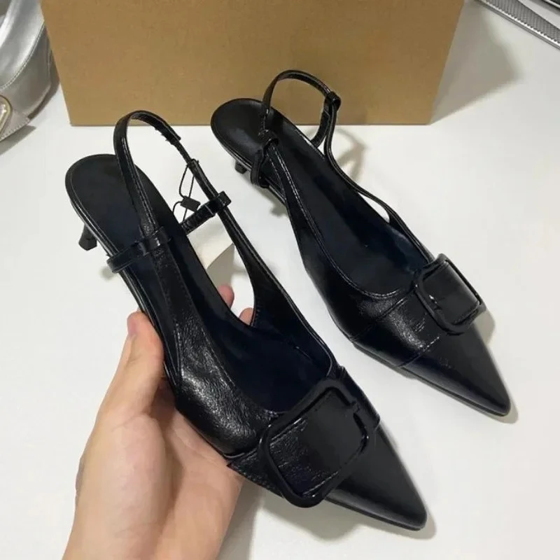 

2025 Summer High Heel Shoes for Women Leather Elegant Slingbacks Stillettos Pointed Toe Vintage Buckle Decoration Female Sandals