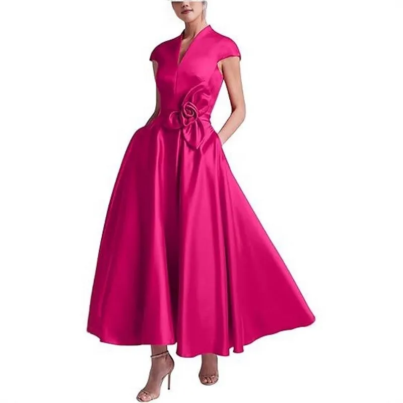Neue Ankunft Fuchsia Abend Formales Kleid V-ausschnitt 3D Blumen Flügelärmeln Satin Prom Pageant Party Kleider Robe De Soiree
